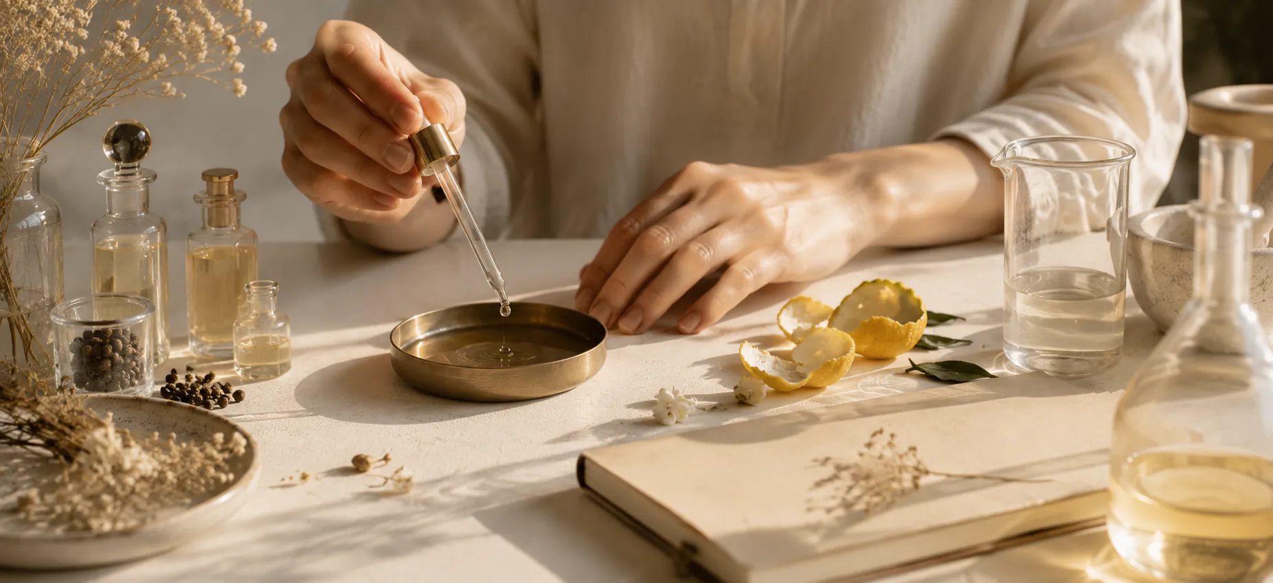 Hands composing perfume materials on a brass dish