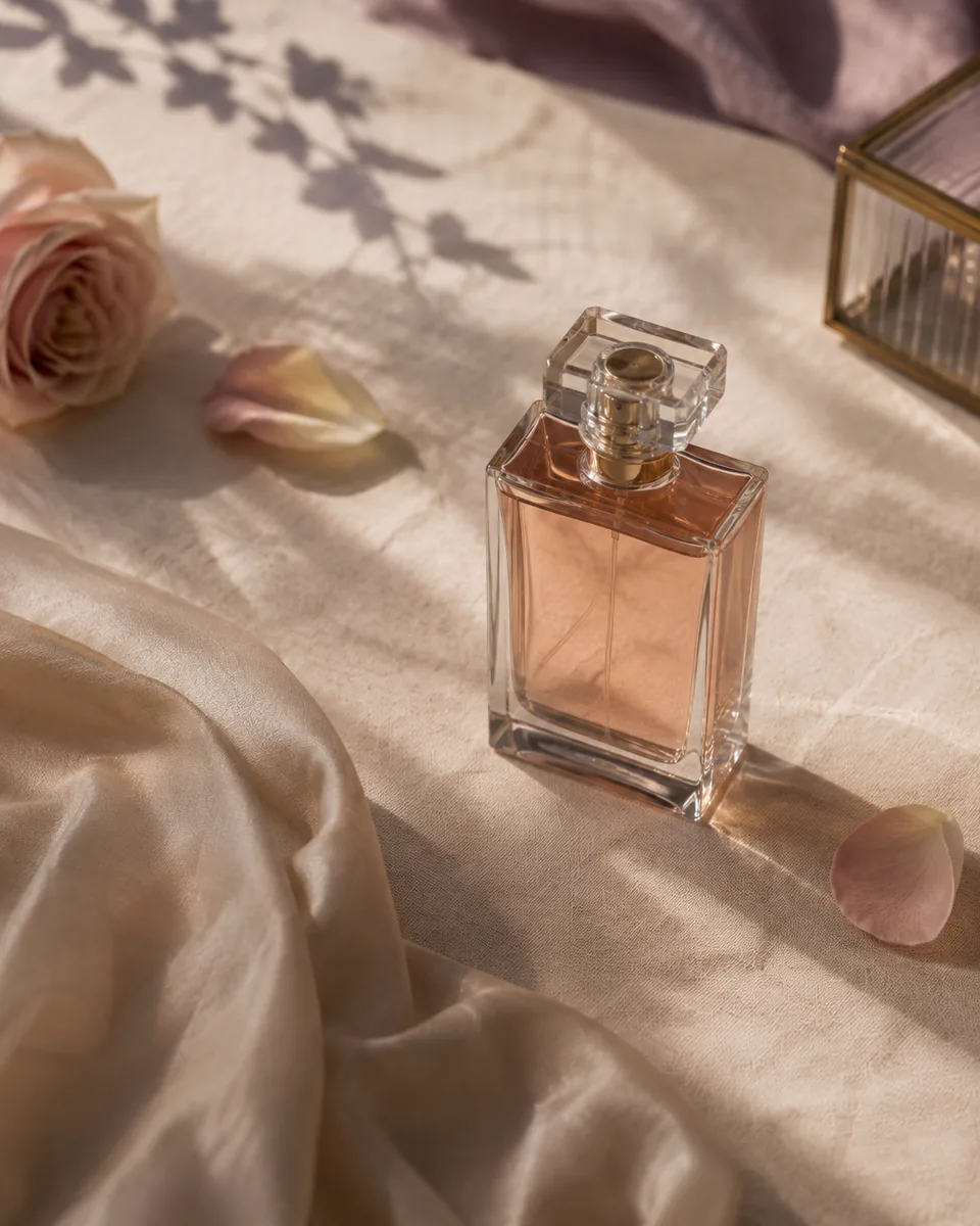 Glass perfume bottle with rose-gold liquid on linen with a pale rose