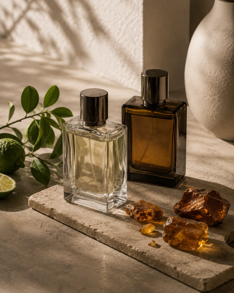 Clear perfume bottle balanced with citrus leaf and warm resin
