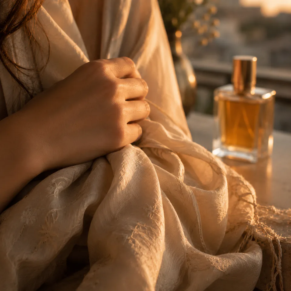 Evening fabric close-up suggesting worn scent